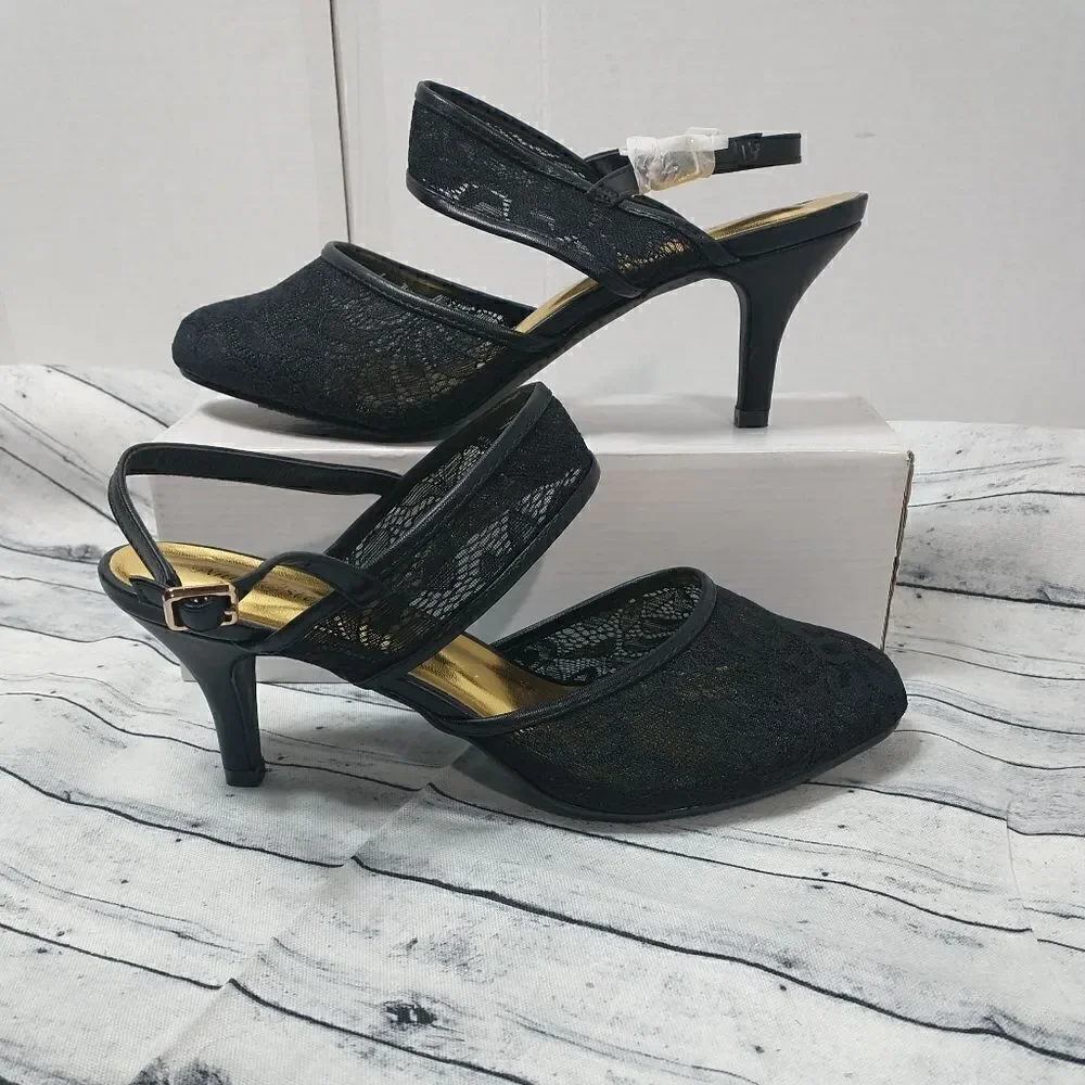 Angel Steps Womens Black Ankle Strap SZ 11W Sandle 2.5in Heel